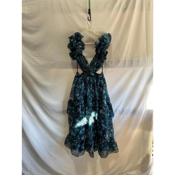 Ieena for Mac Duggal Blue Ruffle Tiered Floral Cut Out Gown Size 8 Fabric Pull - Picture 4 of 10